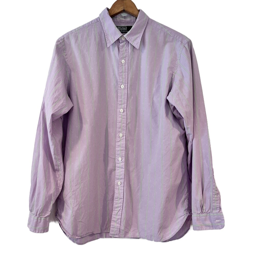POLO Ralph Lauren Purple Dress Shirt Green Stripes Large Cotton